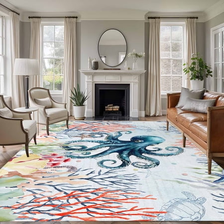 Non-Slip Rug Pad Rugs Sea Octopus Coral Seaweed Rectangle Area Rugs 5x8Ft Soft Carpet Pads for Living Room Kids Room Monster Blue Ocean