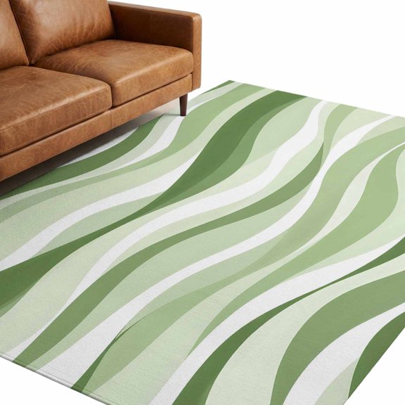 Sage Green Wavy Lines Area Rug 5x7ft Modern Minimalist Abstract Green Swirls Non-Slip Washable Rectangle Rugs Soft Felt Indoor Floor Mat for Bedroom Kitchen Living Room Bathroom