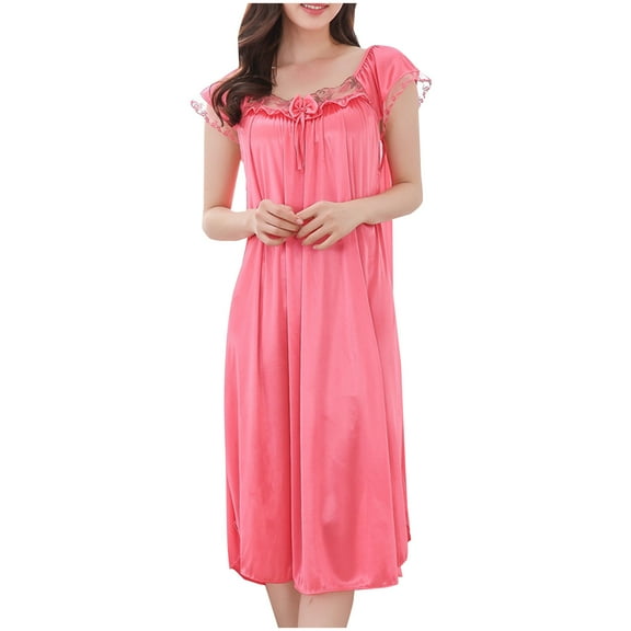 Kaemgyyd Silk Nightgowns for Women Elegant Lace Embroidery Ruffle V Neck Flowy Sleep Dress Mesh Floral Short Sleeve Satin Loungewear