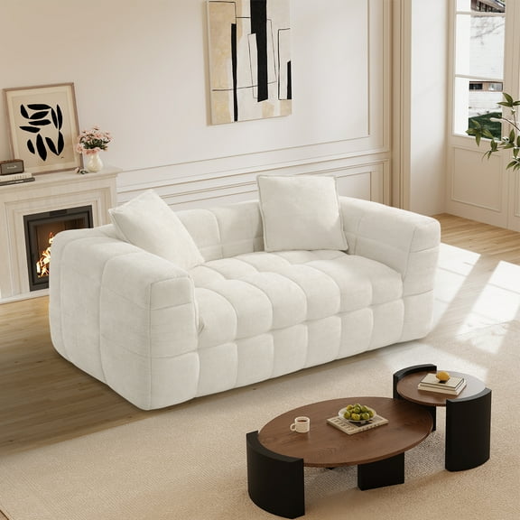 Rophefx Comfy Chenille 2 Seater Deep Seat Couch, Boneless Cloud Couch,Compression Sofa for Living Room,White