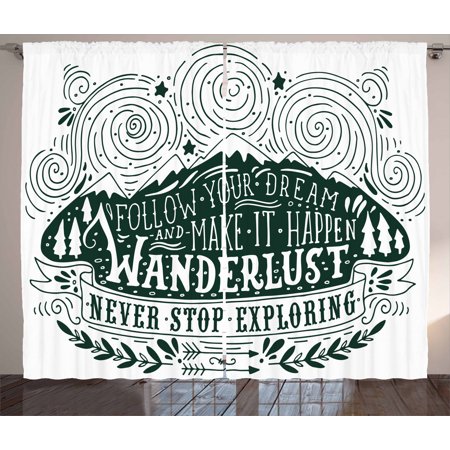 Adventure Curtains 2 Panels Set, Journey and Exploration Themed Follow Your Dream Quote Wanderlust Abstract, Window Drapes for Living Room Bedroom, 108W X 108L Inches, Dark Green White, by Ambesonne