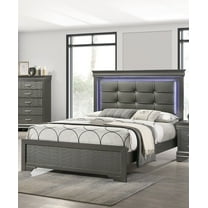 Contemporary Gray Queen Size 1Pc Bedroom Panel Bed w LED Tufted Uplostered Faux Leather HB Furniture