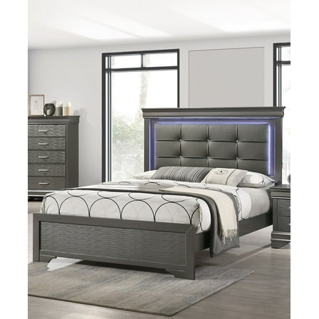Contemporary Gray Queen Size 1Pc Bedroom Panel Bed w LED Tufted Uplostered Faux Leather HB Furniture
