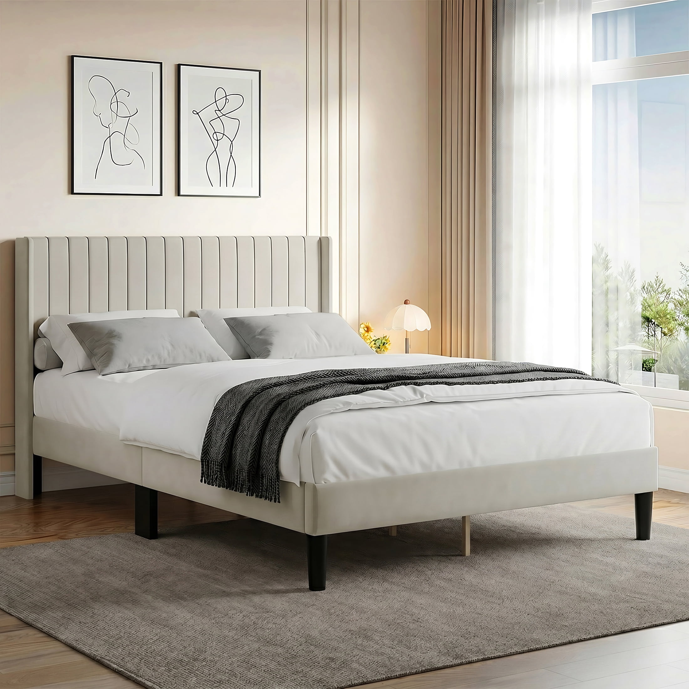 EDX Queen Size Upholstered Platform Bed Frame with Padded Wingback Headboard, Modern Accent Bedroom Furniture, Beige Velvet