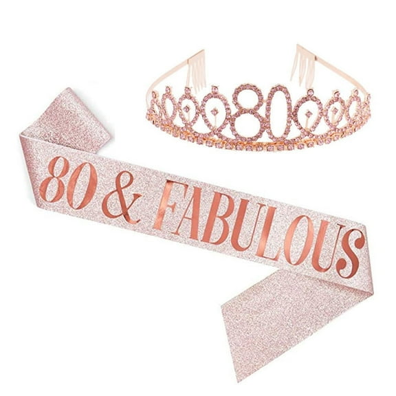 LEEYNEER 80th Birthday Sash and Crown hair band for Women  80th Birthday Gifts for 80 Celebration  Multicolor - Rose gold