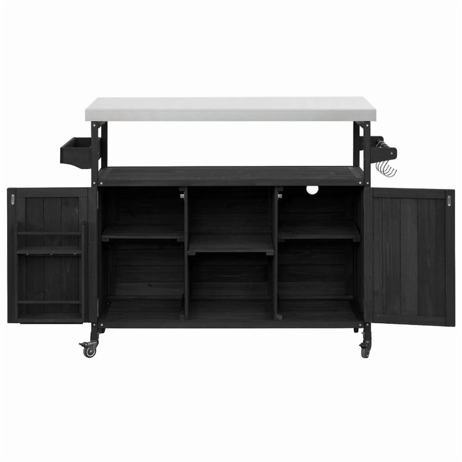Outdoor Kitchen Island with Stainless Steel Top, Wood Grill Cart Storage Cabinet with Adjustable Shelf, Outdoor Grill Table with Spice Rack & Towel Rack