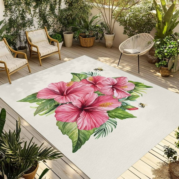 Fsddascl Summer Red Flower Outdoor Rug for Patio/Deck/Porch, Non-Slip Large Area Rug 4 x 6 Ft, Green Leaves Country Floral Pastoral Indoor Outdoor Rugs Washable Area Rugs, Camping Rug Carpet