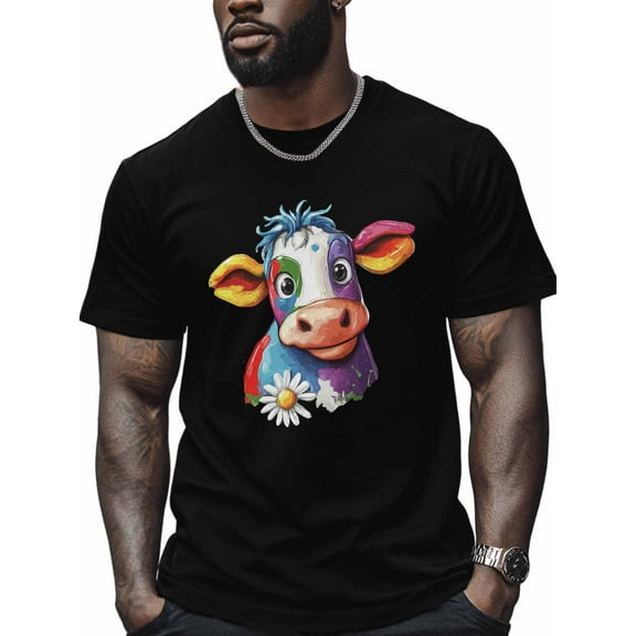 Colorful Cow Men's T Shirts Daisy T-Shirt for Men Animal Crew Neck Tees Cotton Tops, Black, S