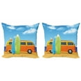 thumbnail image 1 of Graphic Beach Throw Pillow Cushion Cover Pack of 2, Happy Camper Retro Van and Colorful Surfboards Cartoon at Seaside, Zippered Double-Side Digital Print, 4 Sizes, Sky Blue Multicolor, by Ambesonne, 1 of 2
