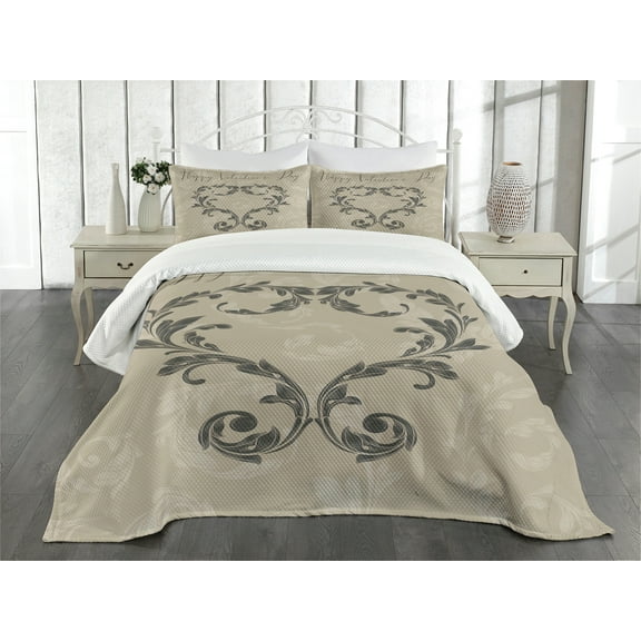 Ambesonne Victorian Quilted Bedspread Set 3 Pcs, Valentine's Day Taupe, King Size, Taupe Tan