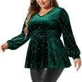 thumbnail image 2 of DARING DIVA Women's Plus V Neck Long Sleeve Gilding Metallic Stars Blouse 2X Dark Green, 2 of 6