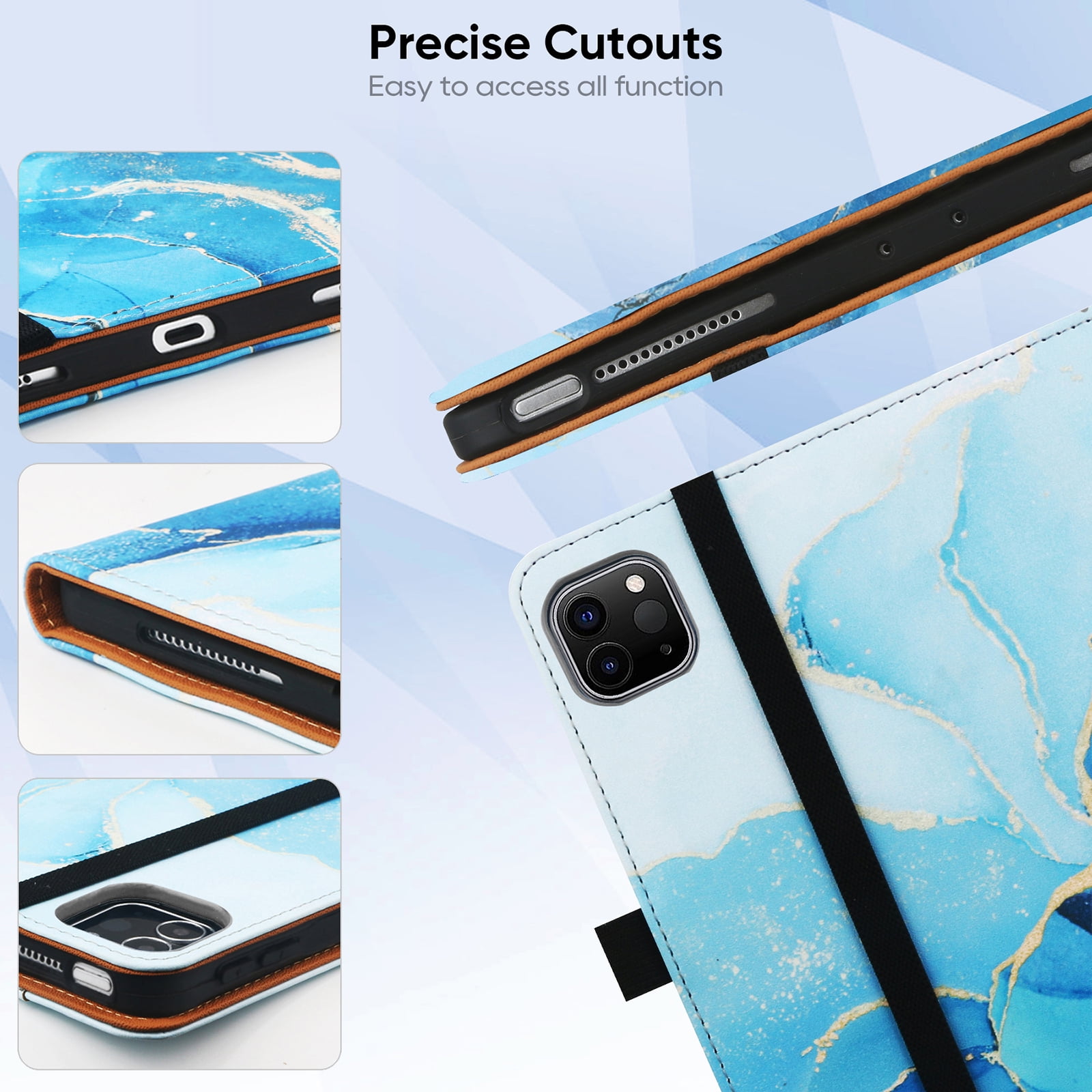 For iPad 6th 5th Gen Case/ iPad Air 1 2 Case, Auto Sleep Wake Kickstand Elastic Band Pencil Holder Front Pocket Business Case for Apple iPad 9.7" 2018/2017/ iPad Air 1 2 9.7", Blue Marble