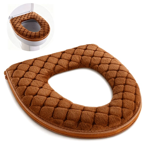 AVDDVZAR Brown Zippered Plush Toilet Seat Cover, Thickened Washable Warm Soft Cushion Pad for Standard Oval Bathroom Toilets