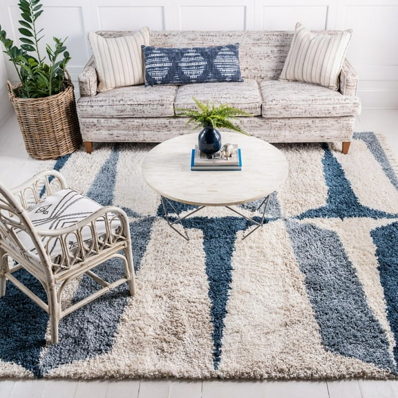 Unique Loom Hygge Shag Collection Area Rug - Balanced (8' Square Blue/Ivory)