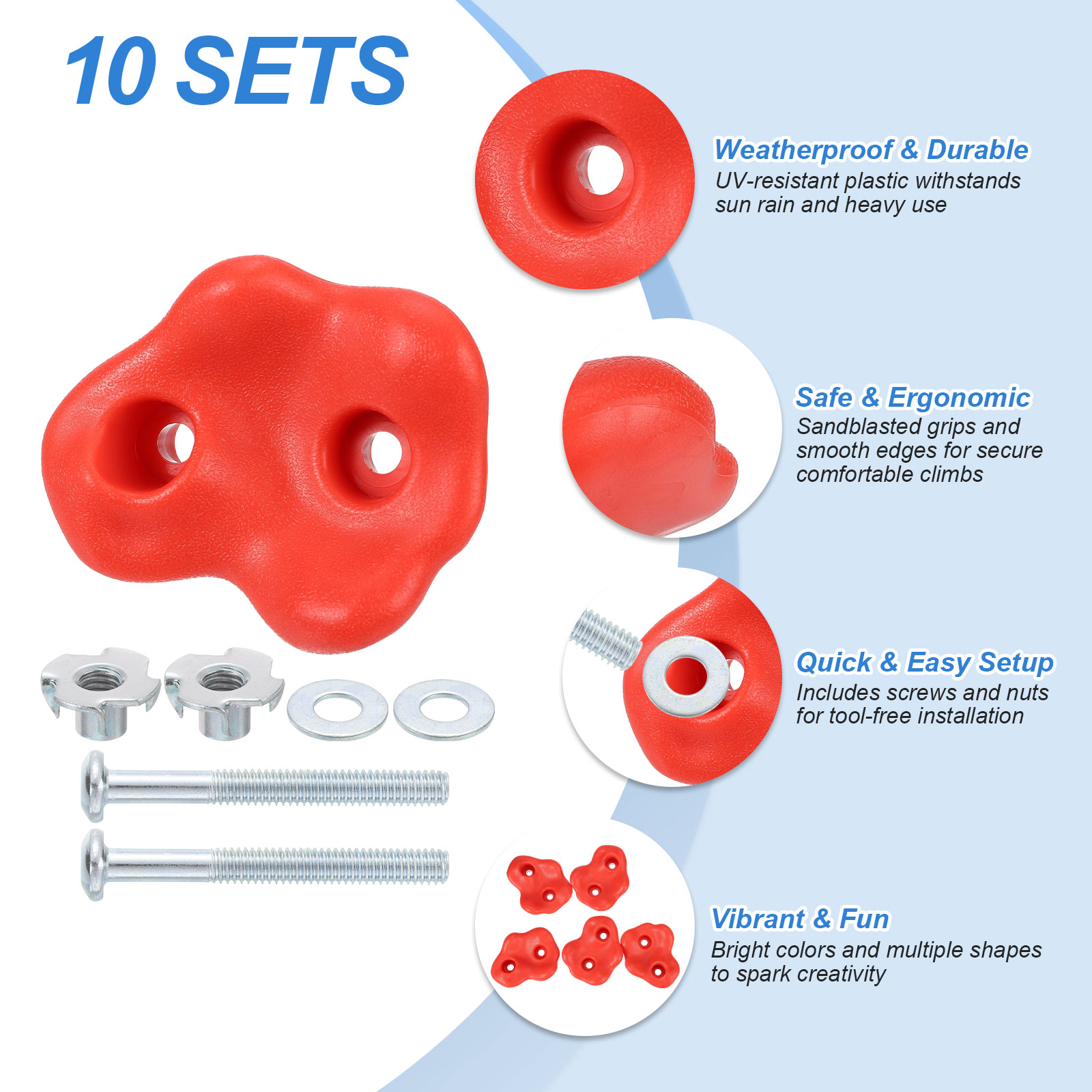 Rock Climbing Holds, 10 Pcs Large Climbing Rock Wall Grips with Double Hole for Playground Accessory, Red-B