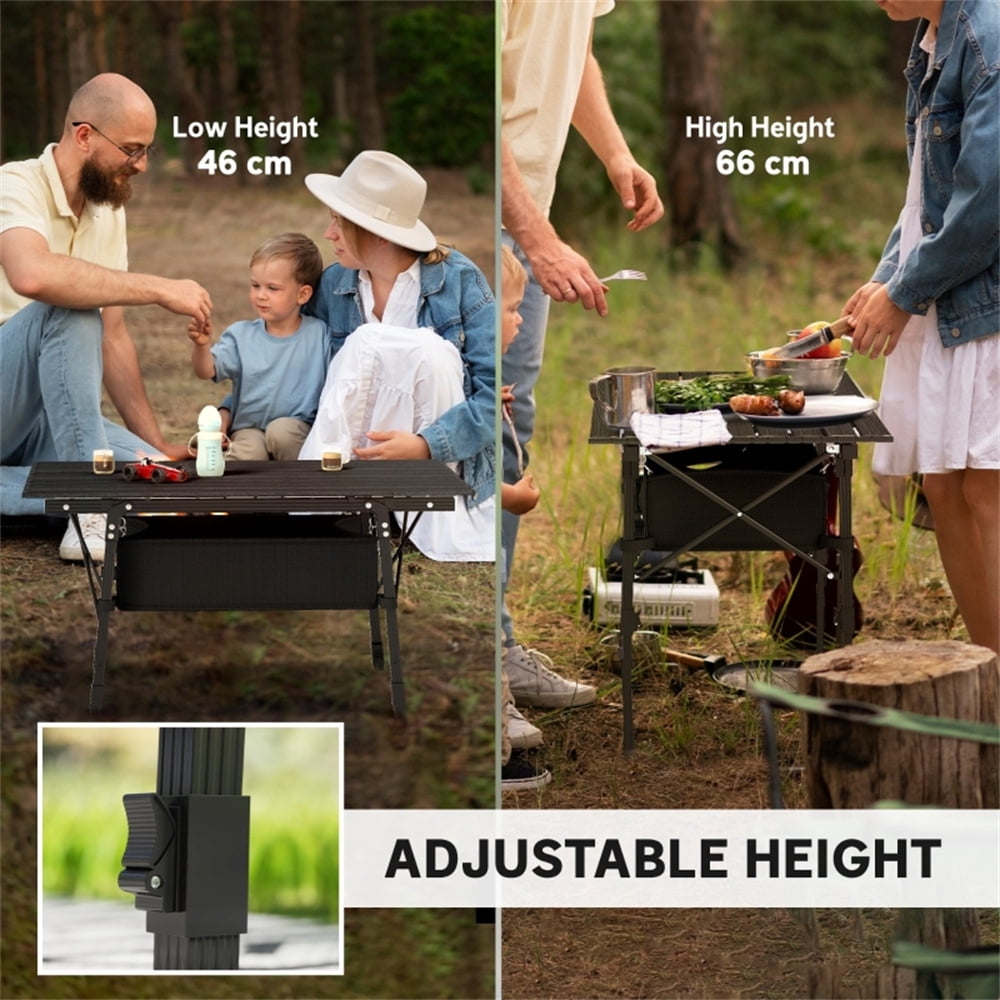 Adjustable Height Camping Table with Oxford Storage Basket, Lightweight Aluminum Alloy Frame, Foldable Portable Outdoor Table with Carry Bag for Camping Picnic