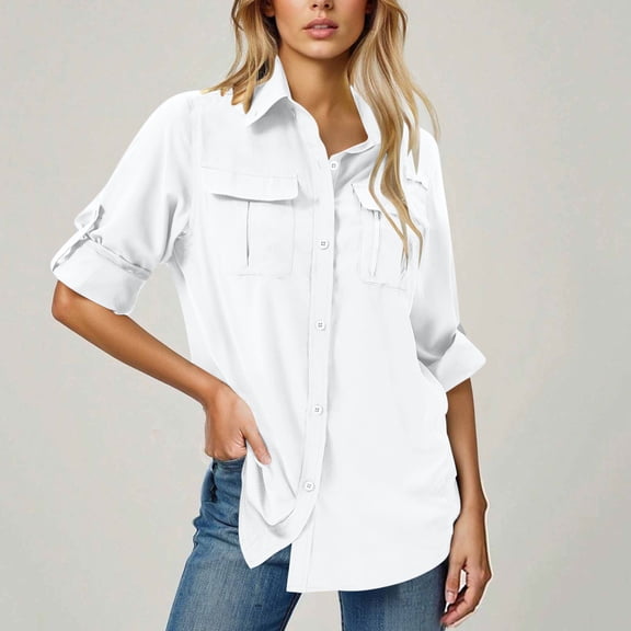 Karight Womens UPF 50 Sun Protection Roll-Up Sleeve Button Down Shirt with Utility Pockets