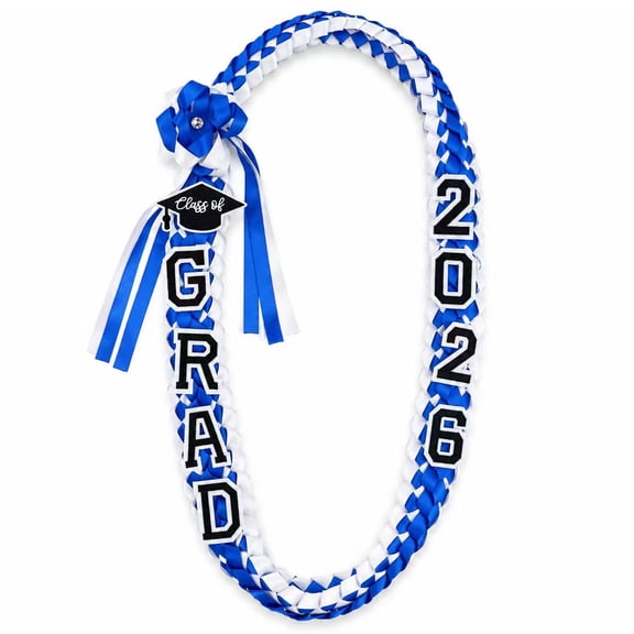 Graduation Leis Class of 2026 Grad Ribbon Lei Graduation Gift Braided Necklace for Men and Women Party Accessories Design 2 Blue White