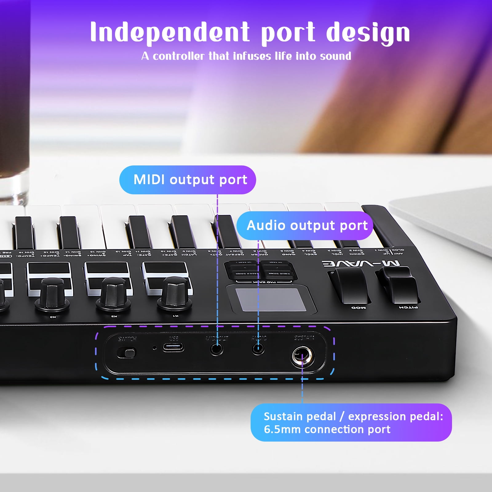 OFFIGAM 1Set MIDI Keyboard 37 Key Portable USB Controller with Backlit Pads Knobs Faders 18.00X7.11X1.97in