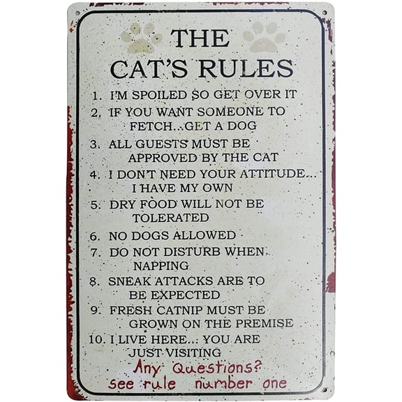 8X12Inch The Cat Rules Vintage Metal Tin Sign Wall Art Pub Bar Gifts for Cat Lovers Pet Size