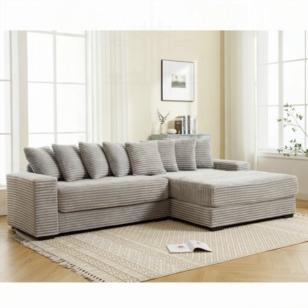 Modern L Shaped Corduroy Sofa with Armrests and Eight Pillows, 111*60*36''
