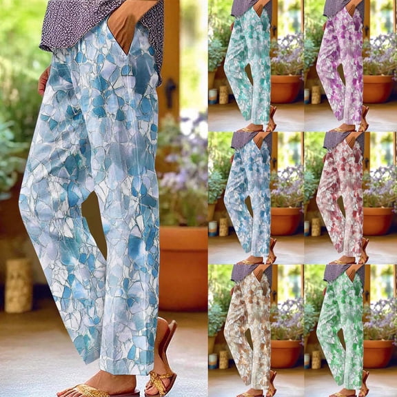 Sentmoon Womens Petite Pants with Print High Elastic Waist Loose Pants for Women Oversized Linen Straight Leg Summer Womens Pants Dressy Casual with Pocket for Travel and Vacation