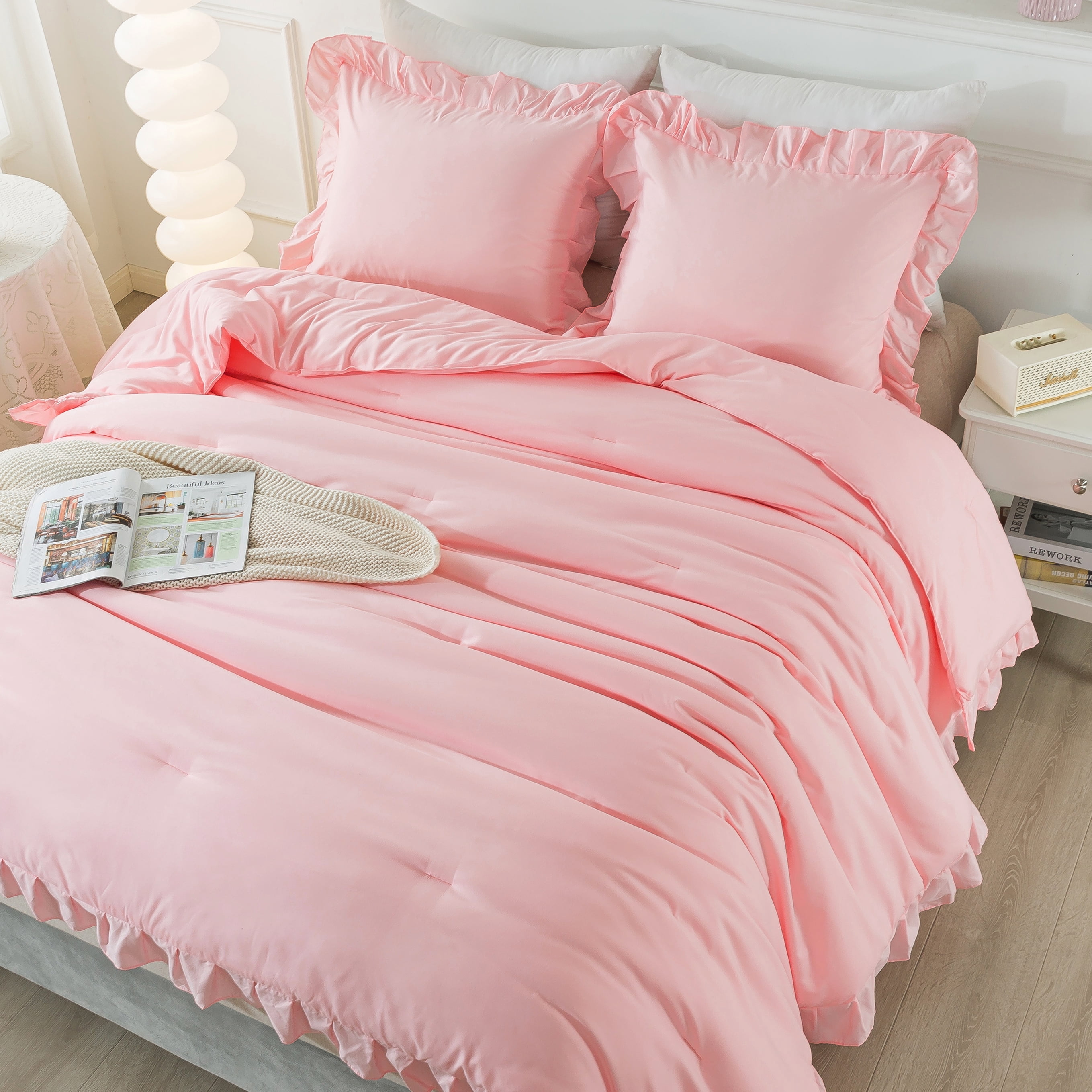ANGENIA Pink Full Size Comforter Set, 3 Pieces Solid Farmhouse Ruffle Bedding Comforter Set, All Season Soft Lightweight Microfiber Bed Set for Women Girls