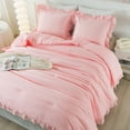 thumbnail image 4 of ANGENIA Pink Full Size Comforter Set, 3 Pieces Solid Farmhouse Ruffle Bedding Comforter Set, All Season Soft Lightweight Microfiber Bed Set for Women Girls, 4 of 7