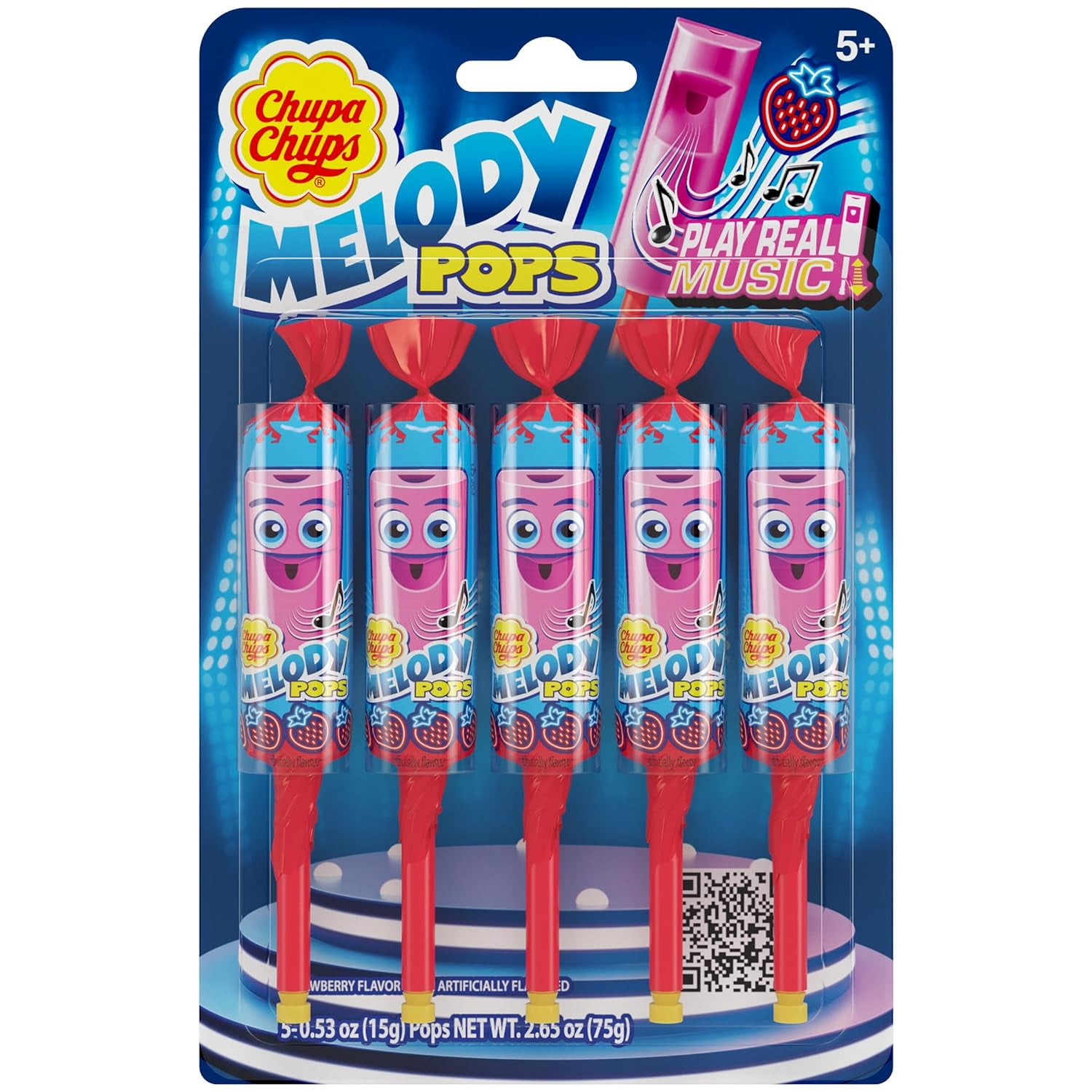 Chupa Chups Melody Pop, Strawberry Flavor, Whistle Lollipops, Individually Wrapped Candy Suckers, 5 Count Pack (Pack of 12)