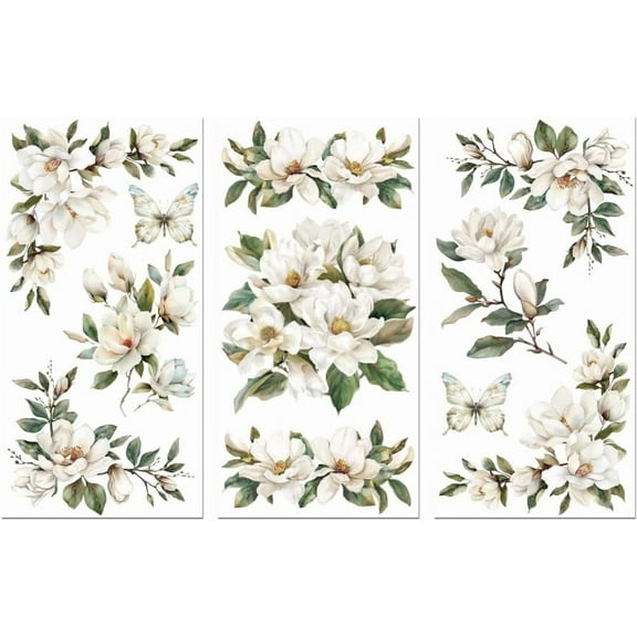 Rub on Transfer Sticker for Furniture Crafts Decor 6"x12" White Magnolia Corner for Lingerie Chests Drawer Dresser Glass Porcelain Wood Plastic 3Pcs Waterproof UV DTF Transfer