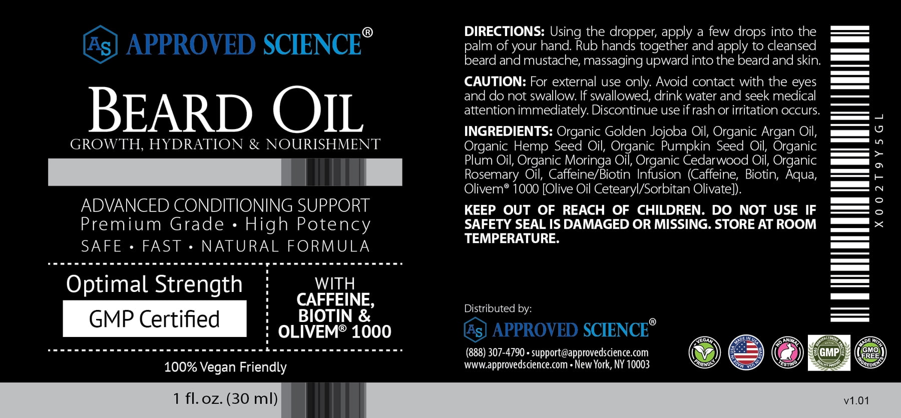 Approved Science Beard Oil - Promotes Hair Growth and Combats Dryness - With Rosemary and Plum Oils -All Organic Formula - 1 Fl. OZ.