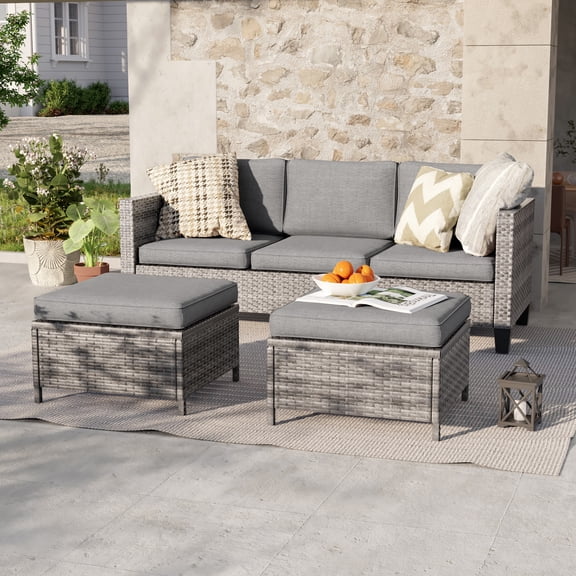 ACEGOSES 3-Piece Patio Sofa Set Rattan Outdoor Furniture Set Three-Seat Sofa Ottomans Suiting Backyard, Poolside and Patio,Gray