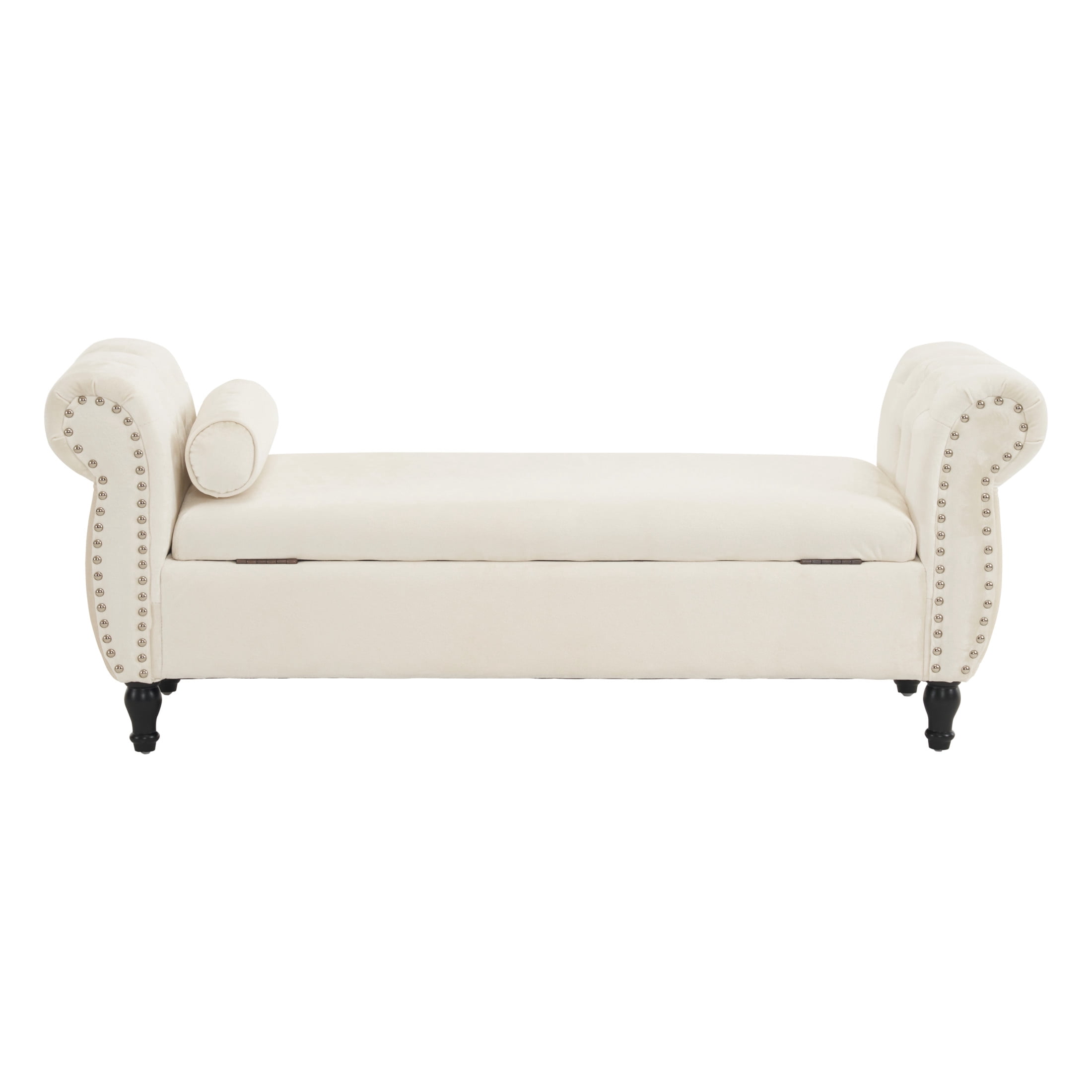 Elegant Beige Velvet Storage Ottoman with Nailhead Trim & Pillow