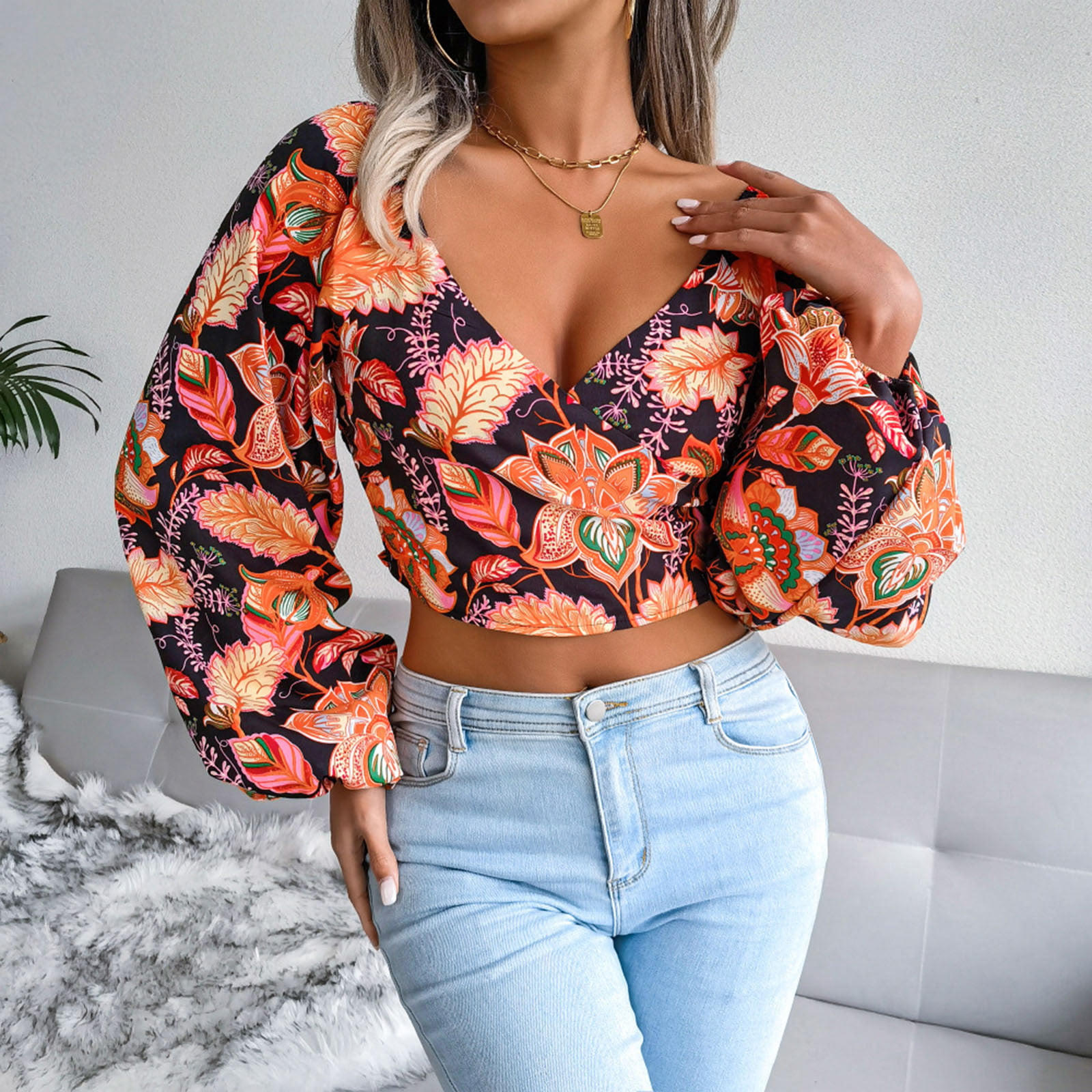 Baycosin Chiffon Tops for Women Resort Style Long Puff Sleeve T Shirt  V-Neck Floral Crop Top