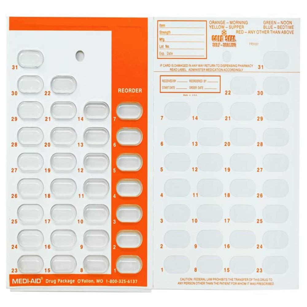 5-Pack Color Coded Monthly 31-Day Medication Blister Cards – Cold Seal Multicolor