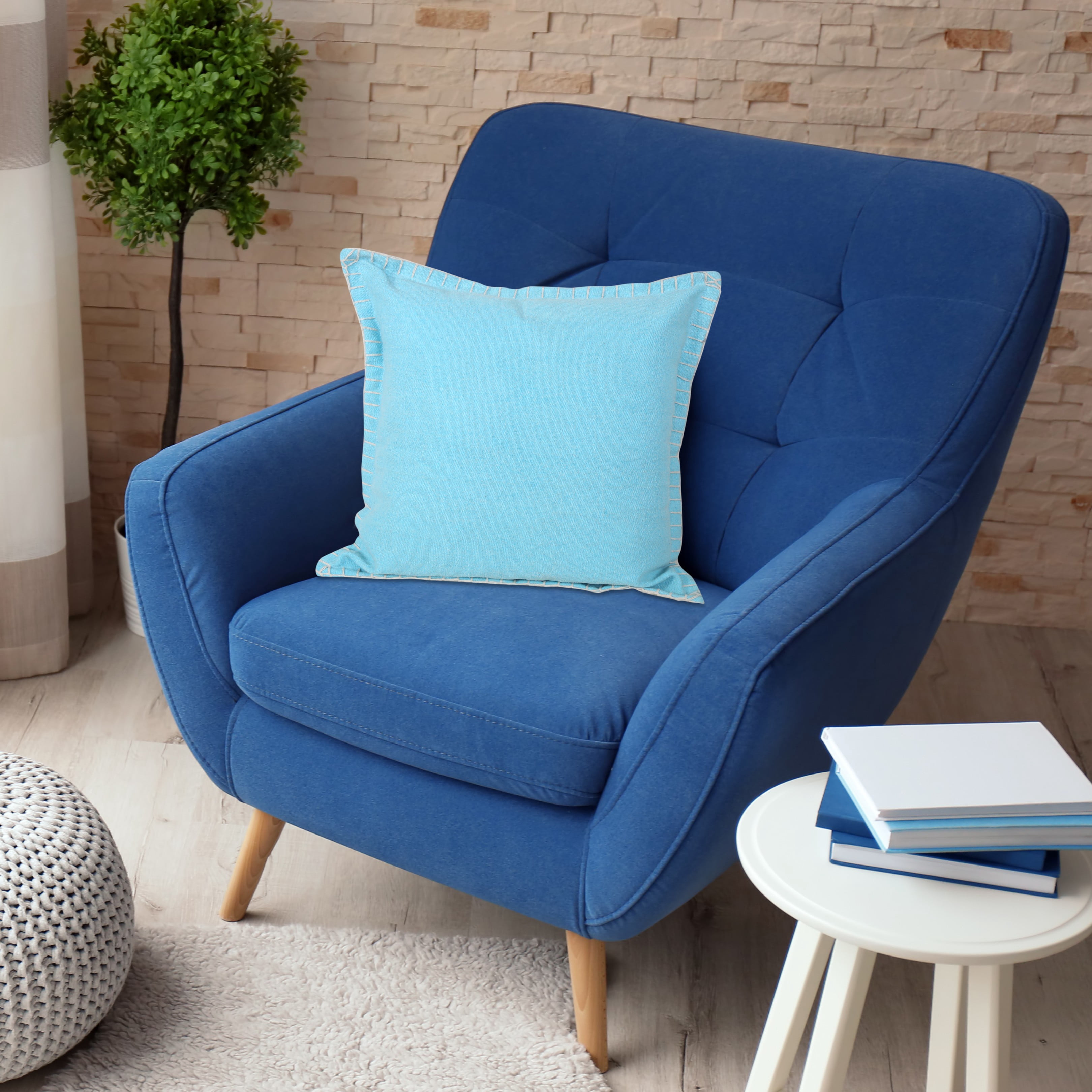 Ox Bay Wilma 20" x 20" Bright Blue Stitch Bordered Cotton Adult Decorative Throw Pillow Cover