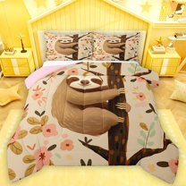 Castle Fairy Cartoon Sloth 3 Pieces Queen Comforter Set for Kids Teens,Kawaii Flowers Animal Ultra Soft Bedding Sets,Dreamy Princess Bedding Comforter Set Breathable,Luxury Bedroom Decor,Reversible
