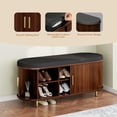 thumbnail image 6 of 2-Tier Storage Bench,Wide Shoe Bench with Thickened Padded Seat Cushion, Mid Century Modern Fluted Sliding Door and Adjustable Shelf, for Entryway, Living Room, Bedroom (Walnut, 43.3“), 6 of 7