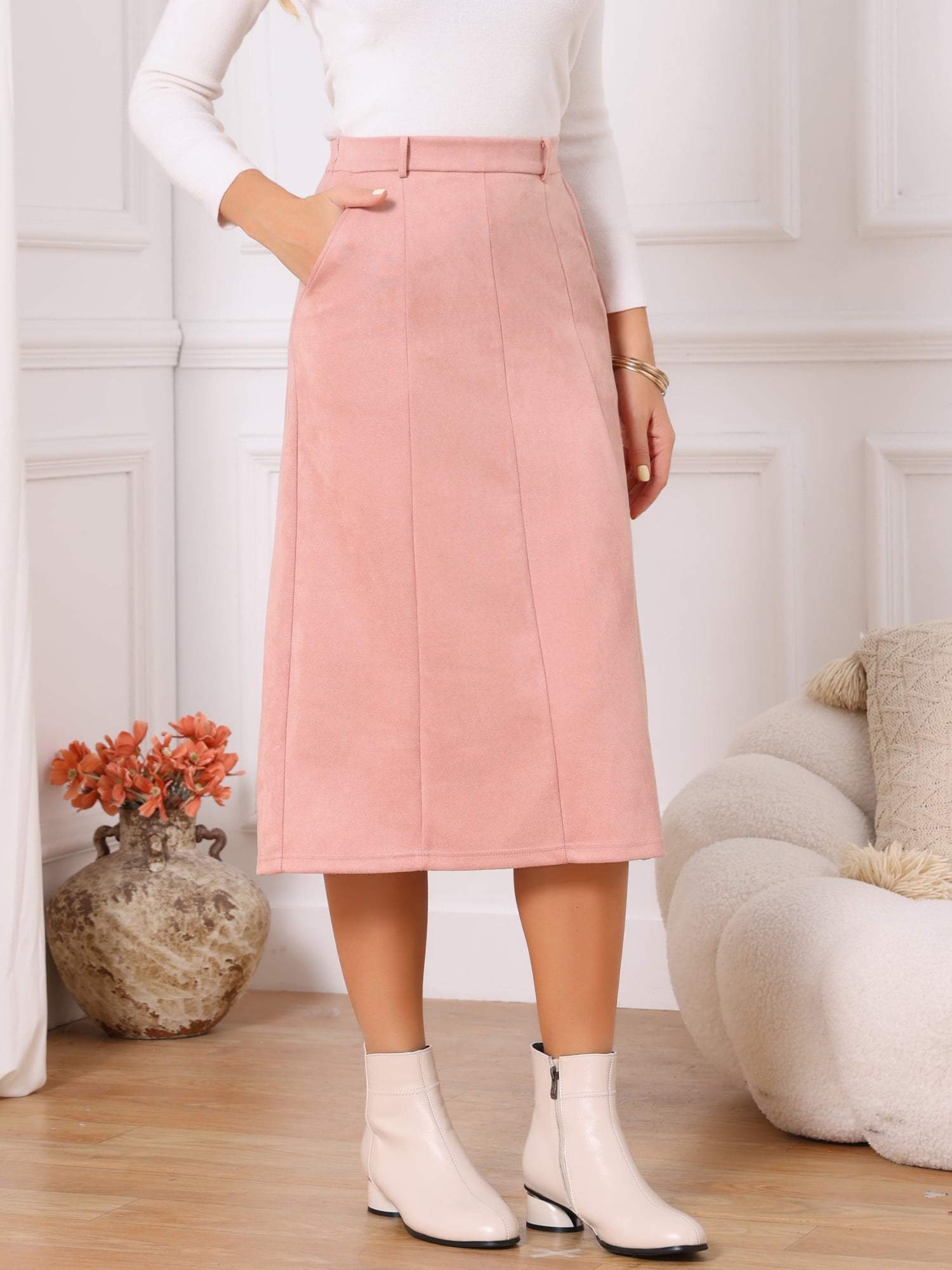 DARING DIVA Women's Faux Suede A Line Midi Skirt with Pockets Large Dusty Pink