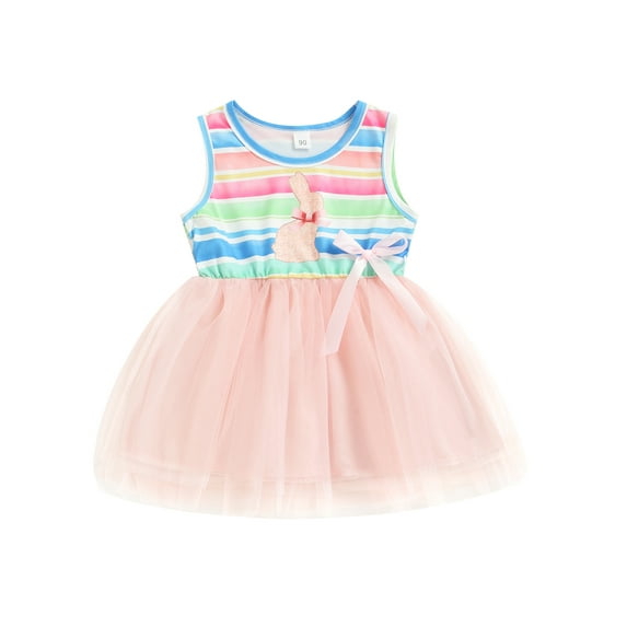 Kiapeise Toddler Kids Girl Easter Dress Sleeveless Rabbit Print Mesh Tulle Tutu Dress One Piece Striped Bow Bunny Dress
