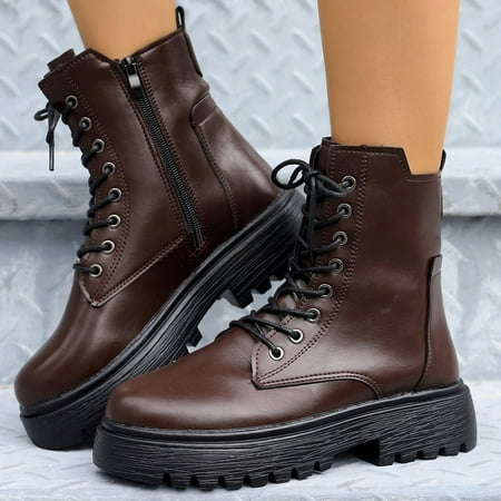 Daznico Women s Combat Boots Women Solid Autumn Square Heels Lace Up Short Booties Round Toe Shoes Size 6.5