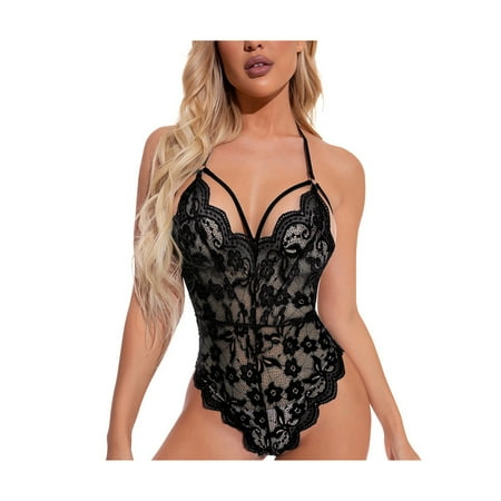

FEIWO Women Sexy Lace Lingerie Bodysuit Backless Teddy Babydoll Underwear See Through Halter Sleepwear Nightwear Black XL