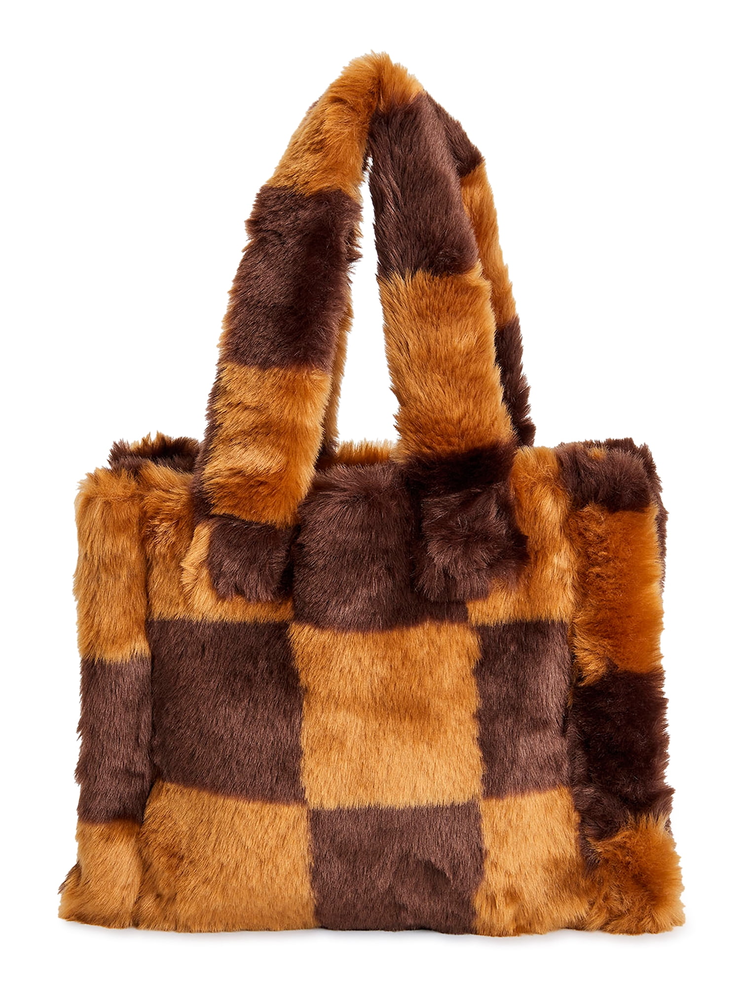 No Boundaries Women's Square Sherpa Tote Bag Brown Checker - Small