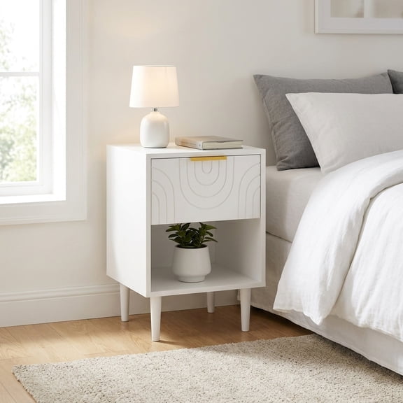 Modern White Nightstand with Drawer and Open Shelf, Gold Handle - Bedroom Accent Table