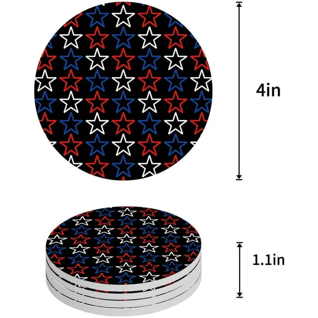 RYLABLUE Indépendance Jour Drapeau Américain Set de 6 Coaster Rond pour les Boissons, Absorbant en Céramique Coasters en Pierre Tapis de Tasse avec Base en Liège pour la Maison Salle de Cuisine Café Table Bar Décor