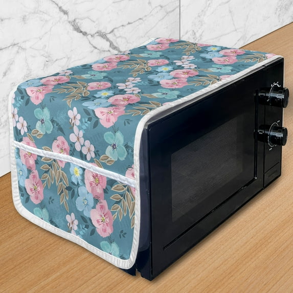 Floral Microwave Oven Cover, Flourishing Flowers with Leaves Watercolor, Water Resistant Organizer with Pockets for Kitchen, 36" x 12", Sea Blue Pale Pink, by Ambesonne