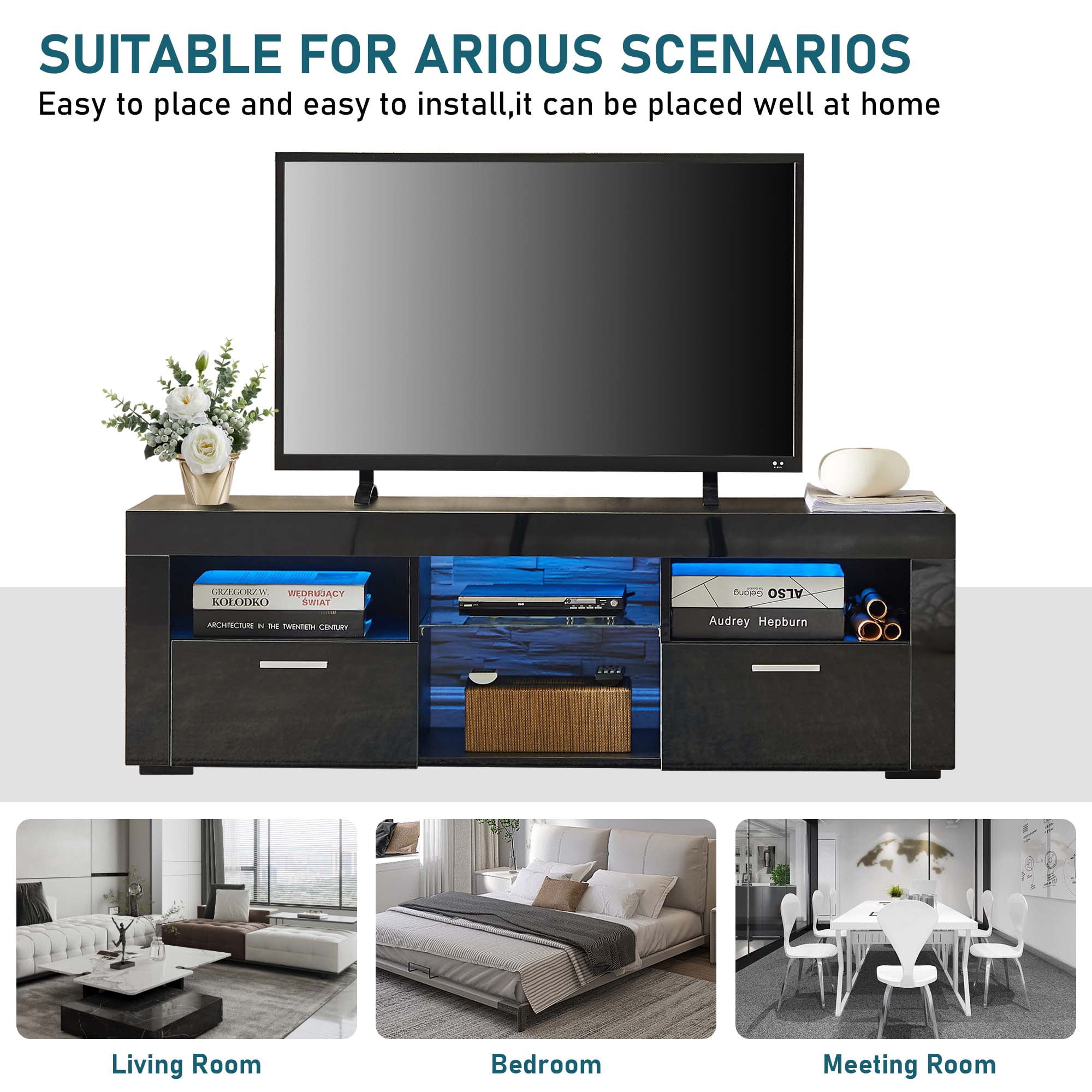 Aukfa Modern LED TV Stand for 55 inch TV, High Gloss TV Cabinet for Living Room - Black