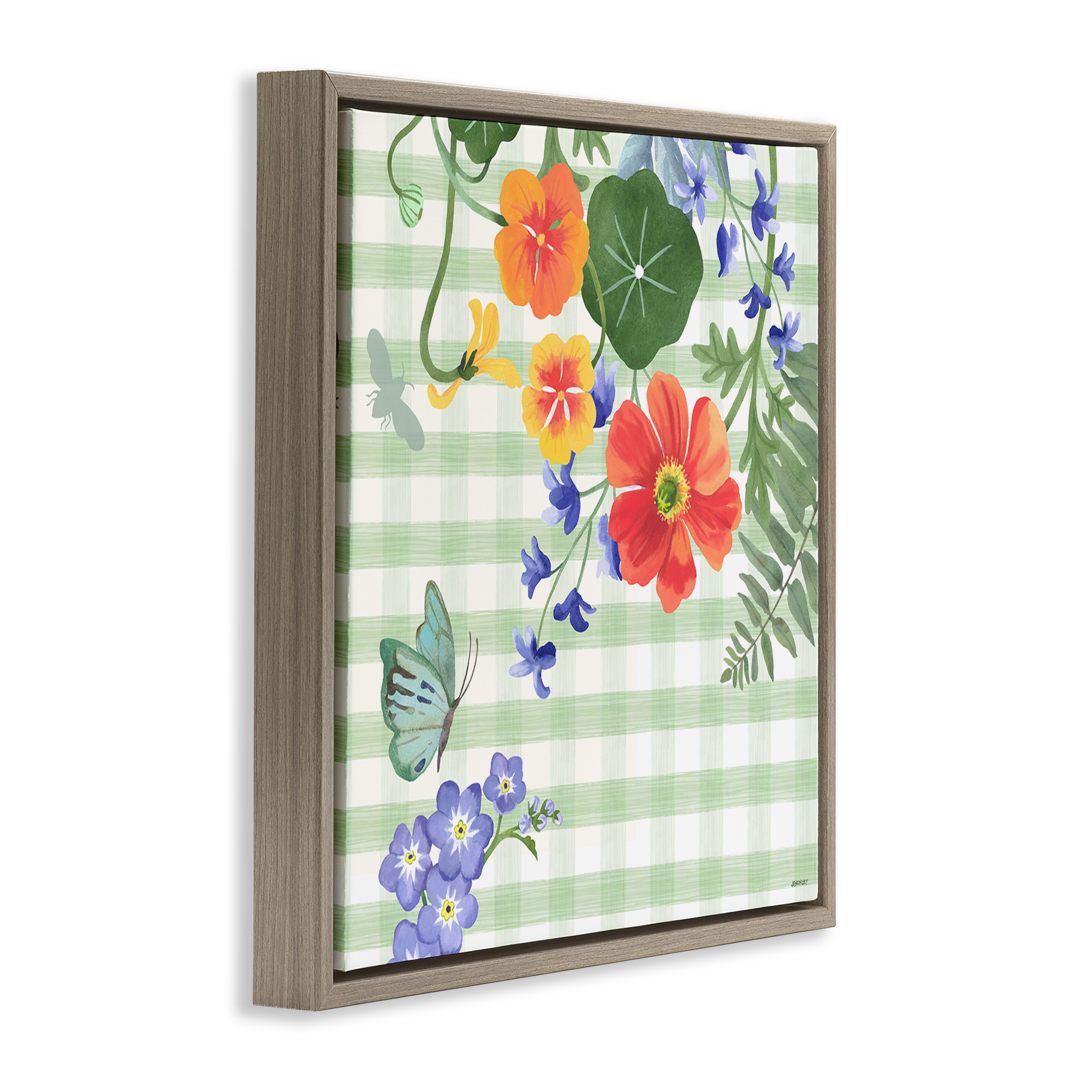 Stupell Industries Green Gingham & Poppies Botanical & Floral Painting Brown Floater Framed Canvas Art Print Wall Art, 18 x 18