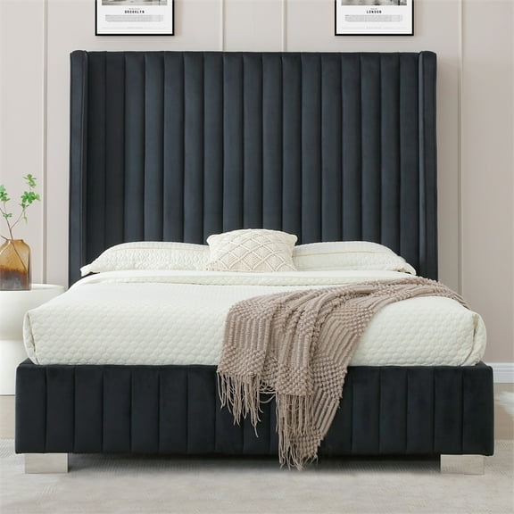Jeffrey Queen Size Velvet Upholstered Bed Frame in Black