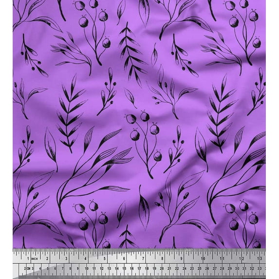 Soimoi Purple Cotton Duck Fabric Blueberry Leaves Printed Fabric 1 Yard 44 Inch Wide